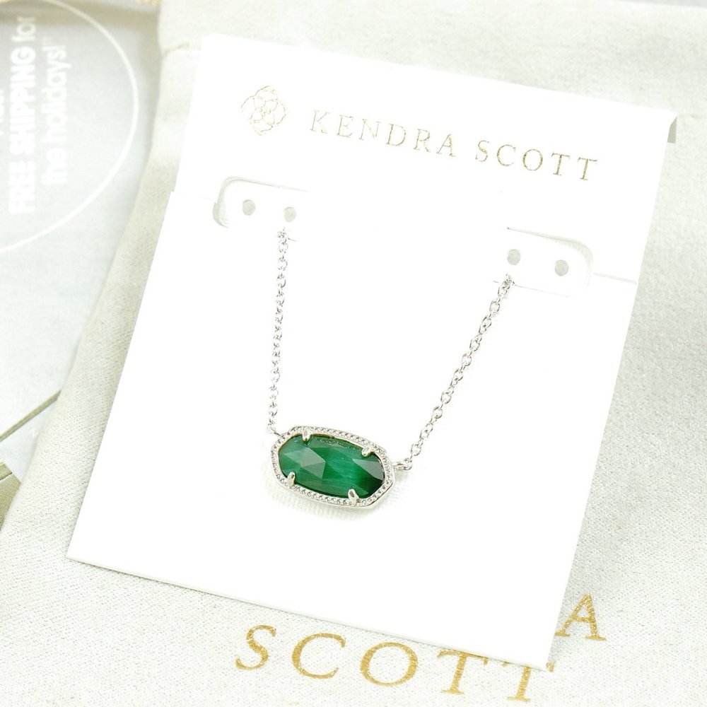 Kendra Scott Elisa Cat's eye Emerald Green necklace Silver Tone - Picture 2 of 5